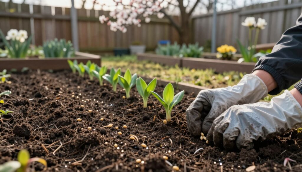 A serene early February garden scene depicting freshly sown vegetable seeds in rich, dark soil. In the foreground, a pair of skilled hands gently pressing seeds into neat rows, dressed in modest protective gloves. Soft morning light casts a warm glow, highlighting the dew on the soil, each granule sparkling like tiny gems. In the middle, vibrant green seedlings peek through the surface, hinting at the life that will soon flourish. The background features a wooden garden fence and blossoming winter flowers, symbolizing resilience and hope. The overall atmosphere is calm and encouraging, evoking a sense of renewal and the promise of growth as winter transitions to spring.