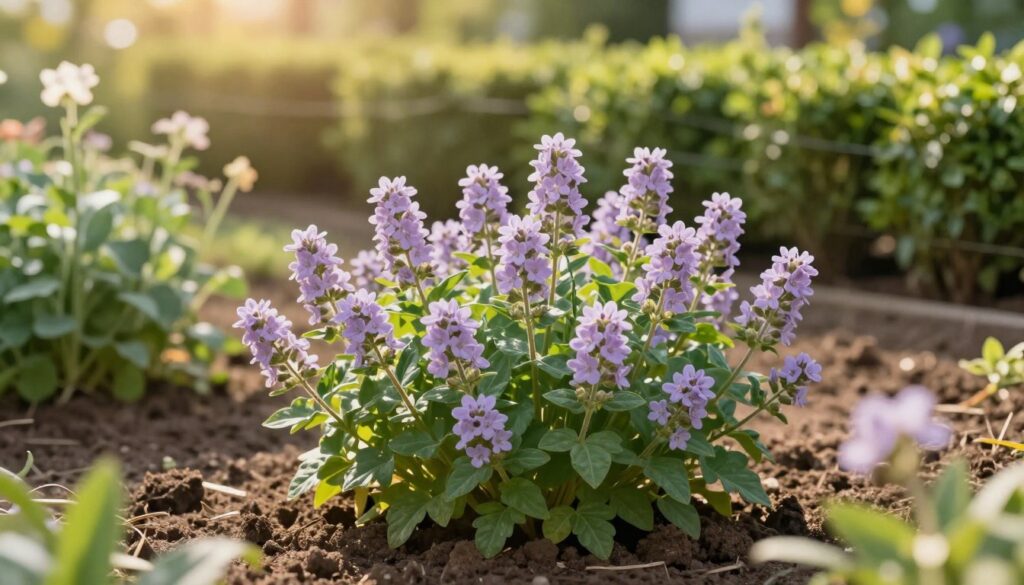 A serene garden scene featuring a lush maciejka (stock) plant in full bloom. In the foreground, vibrant clusters of small, fragrant flowers with delicate, pale lavender petals are surrounded by rich green foliage. The middle ground displays soft, well-tilled soil below the plants, indicating ideal pH levels for growth. In the background, a gentle breeze rustles through a protective barrier of low hedges providing shelter from wind. The setting is bathed in warm, golden sunlight creating a soft, inviting atmosphere. The illustration captures the essence of a sunny, tranquil day, highlighting the optimal conditions for growing maciejka, with a shallow depth of field to focus on the flowers while softly blurring the background.