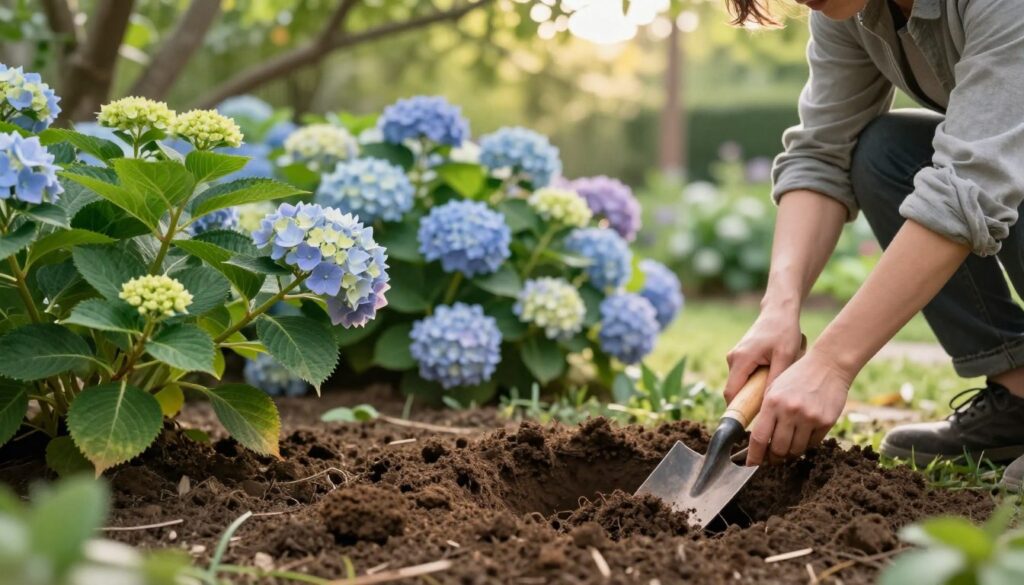 A serene garden scene focused on preparing a planting hole for hydrangeas. In the foreground, a gardener gently digs a rich, dark soil pit, with a small spade in hand, wearing modest casual gardening attire. Lush leaves of the hydrangea plant are nearby, ready to be transplanted. In the middle ground, a cluster of blooming hydrangeas in various pastel colors, exuding a soft and calming atmosphere. The background features blurred greenery and a hint of sunlight filtering through tree branches, casting dappled light on the scene. The focus is sharp on the gardener and the planting hole, while the background is artistically softened, creating a peaceful vibe of preparation and anticipation for plant growth.