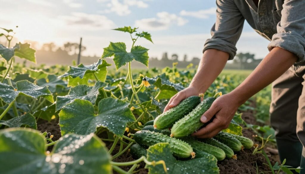 A serene morning scene depicting a lush cucumber harvest in a sunlit garden. In the foreground, ripe cucumbers glisten with dew, nestled among vibrant green leaves. A gardener, dressed in modest casual attire, carefully gathers the cucumbers, their hands gently brushing the plants. In the middle ground, rows of cucumbers thrive under the soft morning light, a sense of abundance surrounding them. The background features a blue sky with wispy clouds, hinting at the freshness of the day. The atmosphere is calm and welcoming, evoking a sense of connection to nature and the joy of harvesting fresh produce. Soft, warm lighting enhances the natural colors of the cucumbers and foliage, creating an inviting and wholesome feeling.