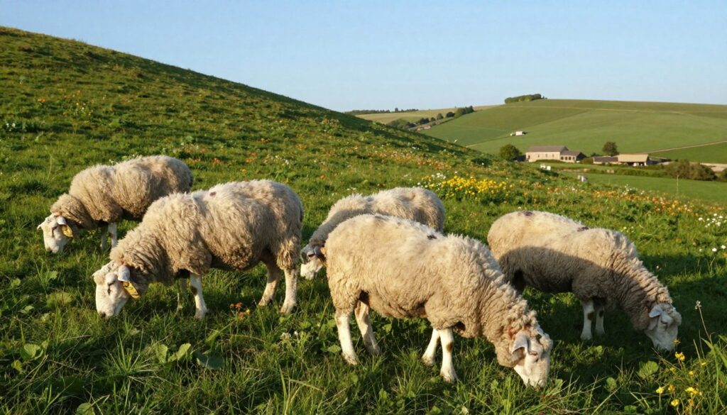 A serene pastoral scene depicting sheep grazing on a lush, green hillside during the peak of the grazing season. In the foreground, several healthy, fluffy white sheep are actively feeding on the vibrant grass, their woolly coats glistening in the soft golden sunlight. The middle ground features a gently rolling landscape dotted with colorful wildflowers, while a few distant farm buildings can be seen under a clear blue sky. The composition captures dynamic lighting with warm tones, accentuating the peacefulness of this rural setting. The atmosphere is calm and tranquil, reflecting the abundant natural environment ideal for sheep nutrition. No human subjects or any distractions are present, focusing solely on the sheep and their nourishing habitat.