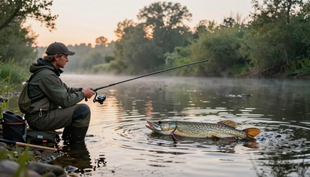 A serene river scene at dawn, showcasing a fisherman in professional attire casting a line into the water, symbolizing the concept of "wymiar ochronny" or protective size limits for pike fishing. The foreground features the fisherman focusing intently on the water, with various fishing gear neatly arranged nearby. In the middle ground, a majestic pike is depicted swimming gracefully, emphasizing its size and beauty, while vivid ripples and reflections highlight its surroundings. The background includes lush greenery and soft morning light filtering through the trees, creating a tranquil atmosphere. The overall mood is peaceful and contemplative, inviting viewers to reflect on the importance of fishing regulations. The image is well-composed with a slight tilt-up angle to capture the depth and serenity of the scene.