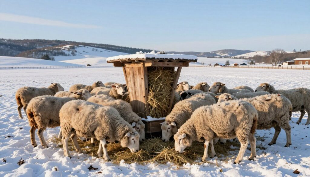 A serene winter landscape featuring a flock of sheep in a snowy field, actively feeding on hay and silage. In the foreground, a group of healthy ewes can be seen munching on fresh hay, with their wooly coats contrasting against the white snow. The middle ground includes a rustic wooden feeder filled with silage, surrounded by a gentle snow blanket. In the background, snow-covered hills and a clear blue sky set a tranquil mood, with soft sunlight casting gentle shadows. The scene captures the essence of sheep nutrition during winter, highlighting the importance of high-energy feed. The lighting is warm and inviting, creating a peaceful atmosphere that reflects the care for livestock in colder months.