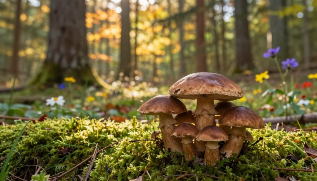 A tranquil forest scene capturing the essence of a beautiful autumn day, where a vibrant cluster of wild mushrooms, notably the striking "lasach," can be seen in the foreground. The mushrooms are characterized by their smooth, rounded caps with a rich brown color, gently contrasting against the lush green moss beneath them. In the middle ground, soft sunlight filters through the canopy of tall trees, casting dappled light across the woodland floor. To the side, colorful wildflowers bloom, adding to the serene atmosphere. In the background, blurred tree trunks and soft foliage create a dreamy depth, enhancing the peaceful, inviting mood of the environment. The overall composition should evoke a sense of tranquility and encourage exploration of nature. Natural lighting, with a focus on golden hour warmth, enhances the enchanting quality of the scene. A tranquil forest scene capturing the essence of a beautiful autumn day, where a vibrant cluster of wild mushrooms, notably the striking "lasach," can be seen in the foreground. The mushrooms are characterized by their smooth, rounded caps with a rich brown color, gently contrasting against the lush green moss beneath them. In the middle ground, soft sunlight filters through the canopy of tall trees, casting dappled light across the woodland floor. To the side, colorful wildflowers bloom, adding to the serene atmosphere. In the background, blurred tree trunks and soft foliage create a dreamy depth, enhancing the peaceful, inviting mood of the environment. The overall composition should evoke a sense of tranquility and encourage exploration of nature. Natural lighting, with a focus on golden hour warmth, enhances the enchanting quality of the scene.