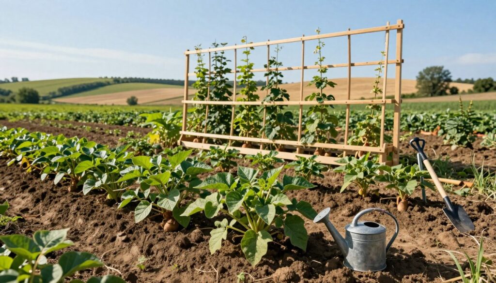 A vibrant agricultural scene showcasing a dedicated sweet potato planting area in Poland. In the foreground, healthy sweet potato plants with lush green leaves are elegantly arranged in well-tended rows, revealing their rich, dark soil. The middle ground features a light wooden trellis supporting climbing plants, symbolizing ideal growing conditions, with small gardening tools like a spade and watering can placed thoughtfully nearby. In the background, gently rolling hills under a clear blue sky bathe the landscape in warm, natural sunlight, creating a serene farming atmosphere. The composition highlights a harmonious blend of nature and cultivation, evoking a sense of dedication to sustainable agriculture and the beauty of growing sweet potatoes in Poland.