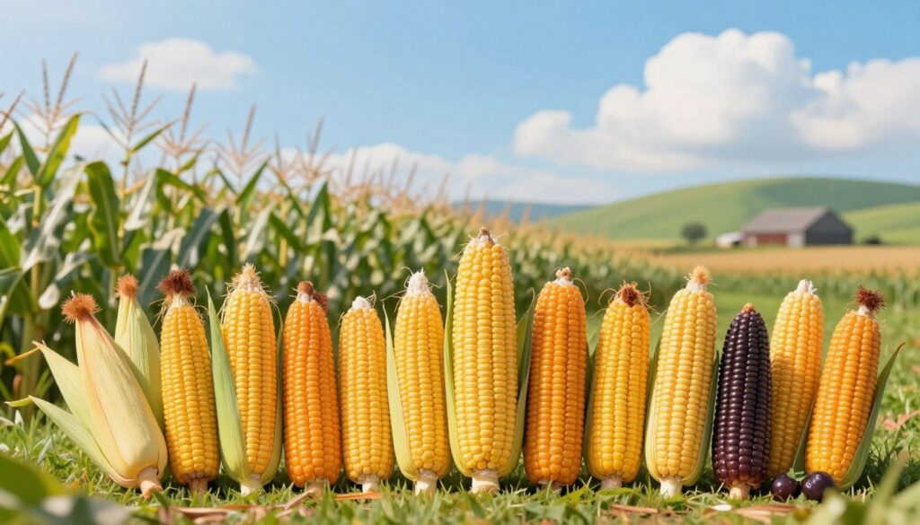 A vibrant agricultural scene showcasing various types of corn, including sweet corn, field corn, and flint corn, arranged artistically in the foreground. Each variety is labeled subtly with distinctive colors and textures, displayed in an aesthetically pleasing manner. In the middle ground, a farm setting features corn stalks swaying in a gentle breeze, under a bright blue sky with fluffy white clouds. The background includes rolling green hills with a distant barn, enhancing the rural atmosphere. Soft, warm lighting casts gentle shadows, creating a welcoming mood. The focus is on the corn and its varieties, inviting viewers to explore their culinary and industrial applications. The angle is slightly elevated, providing a comprehensive view of this rich agricultural landscape.