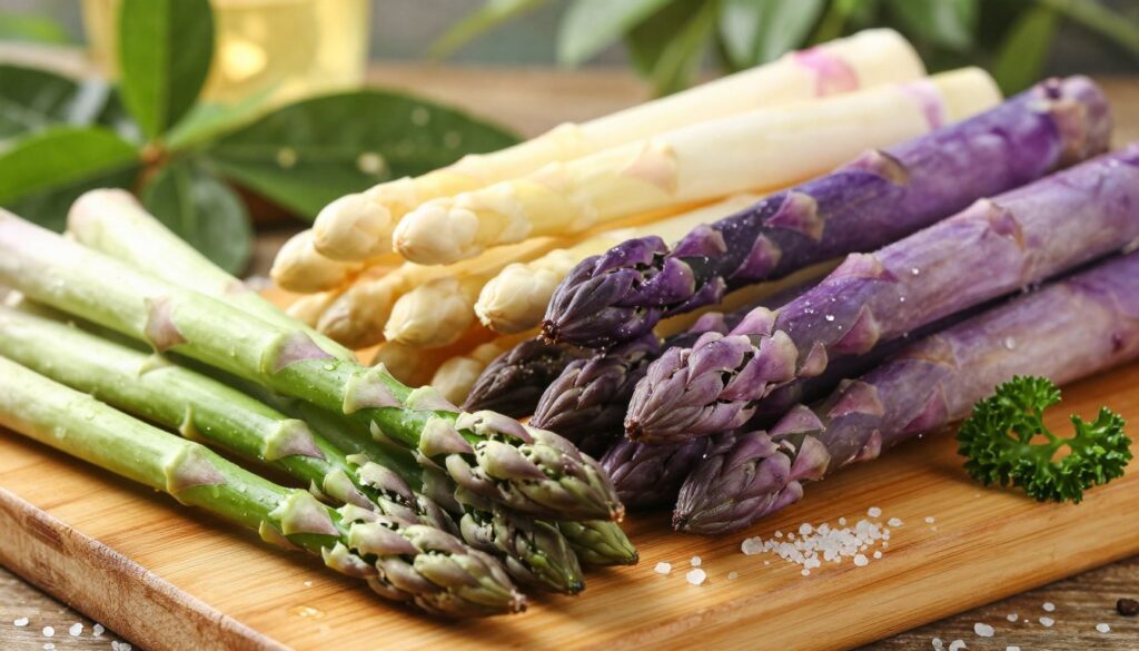 A vibrant and detailed arrangement of three types of asparagus: fresh green asparagus, tender white asparagus, and striking purple asparagus. In the foreground, emphasize the contrasting colors and textures of the spears, with dew drops glimmering in soft natural light. The middle ground should feature a rustic wooden cutting board adorned with a sprinkle of coarse sea salt and a few sprigs of parsley for added flair. In the background, include a blurred garden setting with hints of leafy greens and sunlight filtering through, creating a warm, inviting atmosphere. Capture the image from a slightly elevated angle to showcase the asparagus’ unique shapes and colors, highlighting their visual appeal and freshness.