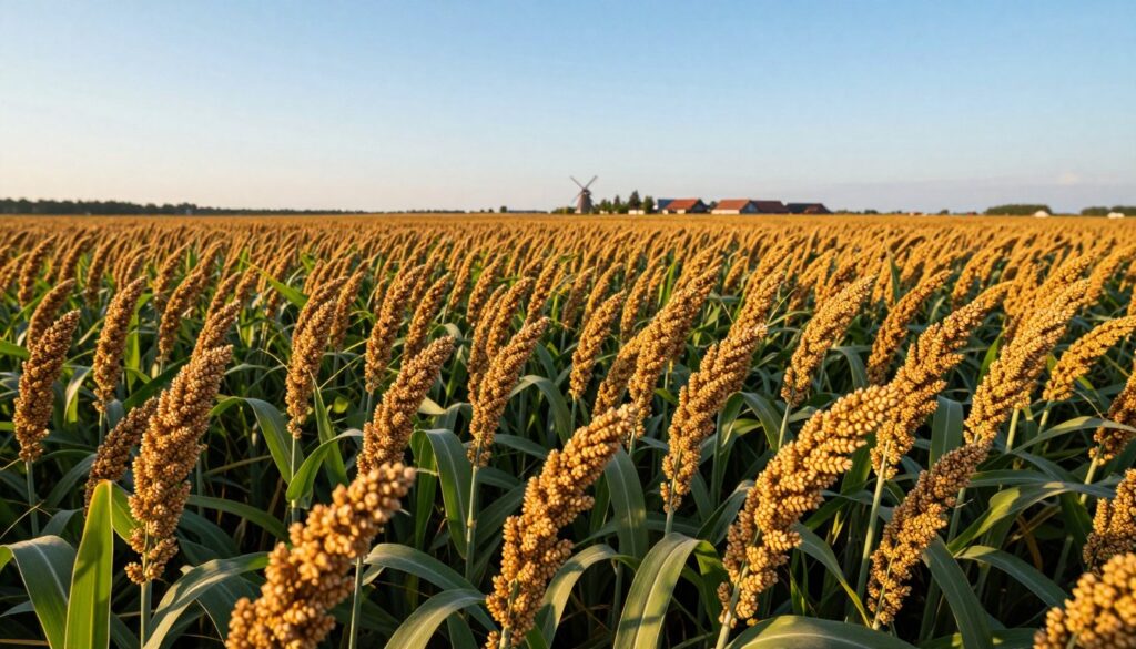A vibrant and expansive millet field in Poland during late afternoon, showcasing golden proso plants swaying gently in the breeze. In the foreground, detailed sprigs of ripe proso grains, glistening under soft sunlight, with rich green leaves framing them. The middle ground features rows of healthy, tall millet plants, creating a lush green sea against a clear blue sky. In the background, a distant farm with traditional Polish architecture and windmills, adding cultural context. The scene captures a warm, inviting atmosphere with soft, natural lighting that highlights the textures of the plants. The angle is slightly elevated, providing a wide view of the field's expanse, evoking a sense of peace and agricultural harmony.