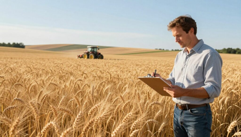 A vibrant and informative scene illustrating the agricultural landscape of 2024, focusing on a lush field of wheat ready for harvest. In the foreground, a farmer in professional casual attire, such as a button-up shirt and jeans, examines the crops with a clipboard in hand, symbolizing the measurement of subsidy values per hectare. The middle ground features golden waves of grain under a clear blue sky, with a distant tractor to represent modern farming techniques. In the background, rolling hills and a few trees provide depth, all bathed in soft afternoon sunlight that casts gentle shadows. The atmosphere conveys a sense of optimism and productivity, suitable for the exploration of agricultural subsidies.