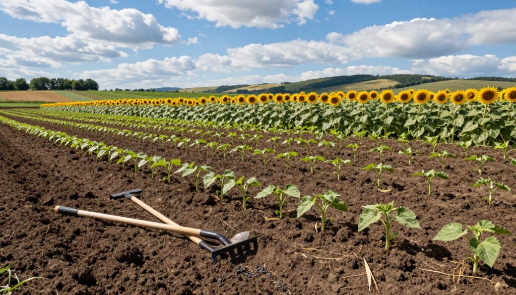 A vibrant and lush field dedicated to sunflowers, showcasing the meticulous preparation for planting. In the foreground, a patch of rich, dark soil is being tilled, with gardening tools such as a spade and rake neatly placed nearby. In the middle, young sunflower seedlings are lined up in perfectly spaced rows, their green leaves just emerging from the earth. The background features a picturesque landscape of rolling hills under a bright blue sky with fluffy white clouds, symbolizing ideal planting conditions. Soft sunlight illuminates the scene, creating an inviting and warm atmosphere. Capture this image from a slightly elevated angle to give perspective on the entire field's layout, emphasizing the importance of location and soil preparation for a thriving sunflower crop.