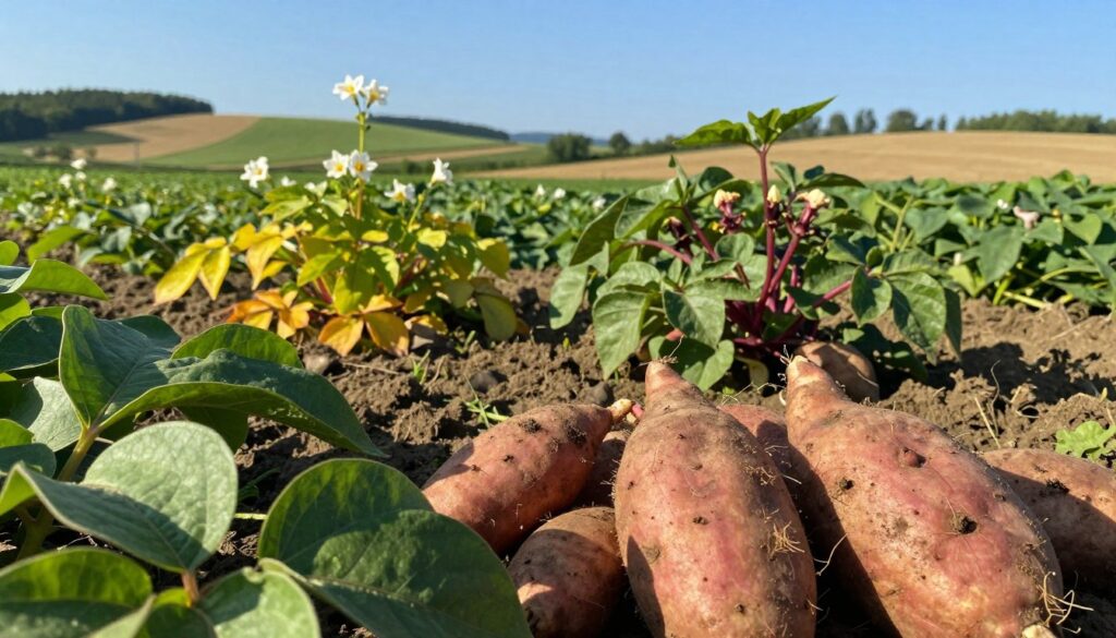 A vibrant, close-up depiction of bataty, or sweet potatoes, thriving in a lush garden setting in Poland. In the foreground, showcase freshly harvested sweet potatoes with earthy skin tones, accentuated by rich green leaves. In the middle ground, include a variety of sweet potato plants, illustrating their distinct shapes and colors, with some plants flowering under bright sunlight. The background shows a typical Polish countryside, with rolling hills and a clear blue sky, indicating a serene day. The lighting should emphasize warmth and vitality, creating a welcoming atmosphere. Capture the scene from a slightly elevated angle, allowing for a comprehensive view of the plants and their environment, highlighting their growth potential in Poland's climate, conveying a sense of hope and agricultural success.