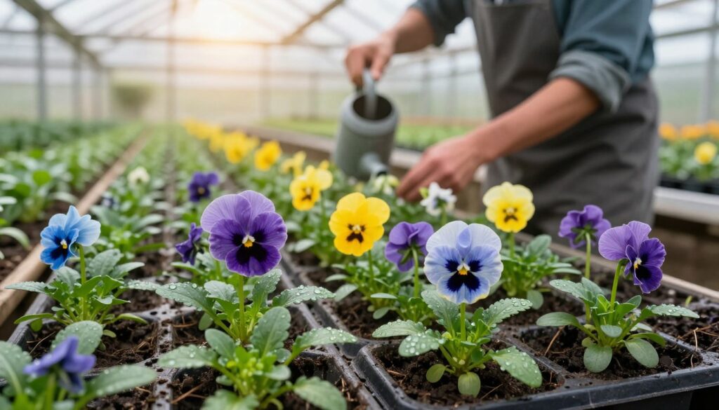 A vibrant, close-up image of various seedlings of pansies (bratki) in a well-organized seedling tray. The tray is nestled in a sunlit greenhouse, showcasing rich green foliage and colorful pansy sprouts in shades of purple, yellow, and blue. In the foreground, delicate raindrops glisten on the leaves, adding freshness. The middle ground features a gardener, dressed in modest casual clothing, gently watering the seedlings with a small watering can, radiating care and attention. In the background, rows of sunlight streaming through the greenhouse glass create a warm, inviting atmosphere, highlighting the growth and nurturing process. The overall mood is serene and productive, ideal for illustrating the joy of gardening and seedling care. A vibrant, close-up image of various seedlings of pansies (bratki) in a well-organized seedling tray. The tray is nestled in a sunlit greenhouse, showcasing rich green foliage and colorful pansy sprouts in shades of purple, yellow, and blue. In the foreground, delicate raindrops glisten on the leaves, adding freshness. The middle ground features a gardener, dressed in modest casual clothing, gently watering the seedlings with a small watering can, radiating care and attention. In the background, rows of sunlight streaming through the greenhouse glass create a warm, inviting atmosphere, highlighting the growth and nurturing process. The overall mood is serene and productive, ideal for illustrating the joy of gardening and seedling care.
