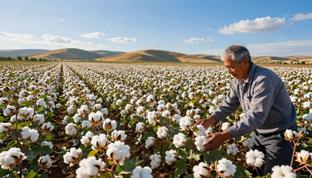 A vibrant cotton field bursting with fluffy white cotton bolls under a bright blue sky. In the foreground, a farmer in professional casual attire is inspecting the plants, showcasing hands gently touching the cotton. In the middle ground, rows of lush cotton plants stretch toward the horizon, emphasizing the scale of production. In the background, a sunlit landscape reveals rolling hills, symbolizing major cotton-producing regions around the world. The sunlight casts warm golden hues over the scene, enhancing the rich greens and whites of the field. This image captures the essence of cotton production, illustrating its importance and context within global agriculture, with a serene yet productive atmosphere that invites a sense of curiosity and appreciation for nature's bounty. A vibrant cotton field bursting with fluffy white cotton bolls under a bright blue sky. In the foreground, a farmer in professional casual attire is inspecting the plants, showcasing hands gently touching the cotton. In the middle ground, rows of lush cotton plants stretch toward the horizon, emphasizing the scale of production. In the background, a sunlit landscape reveals rolling hills, symbolizing major cotton-producing regions around the world. The sunlight casts warm golden hues over the scene, enhancing the rich greens and whites of the field. This image captures the essence of cotton production, illustrating its importance and context within global agriculture, with a serene yet productive atmosphere that invites a sense of curiosity and appreciation for nature's bounty.