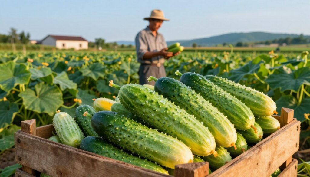 A vibrant farm scene showcasing freshly harvested cucumbers in various shades of green and yellow. In the foreground, a rustic wooden crate overflowing with shiny, plump cucumbers, highlighting their appealing texture and dew-kissed surfaces. In the middle ground, a farmer in modest casual clothing, gently inspecting cucumbers while standing in a lush cucumber field, surrounded by rich green vines and leaves under a clear blue sky. The background features a distant farmhouse and rolling hills, bathed in warm, late afternoon sunlight casting soft shadows. The overall atmosphere evokes a sense of abundance and the beauty of a fruitful harvest season, perfect for canning or pickling. Use a slightly elevated angle to capture the entire scene while focusing on the richness of the cucumbers.