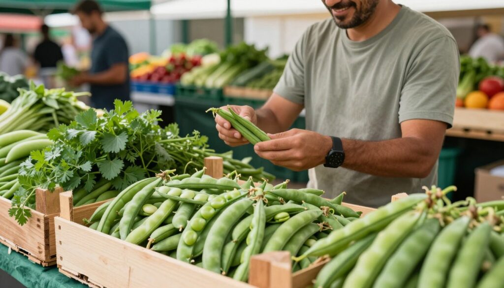 A vibrant farmer's market scene showcasing fresh broad beans (bób) for sale. In the foreground, a wooden crate brimming with young, vibrant green broad beans, some still in their pods, surrounded by lush greenery and herbs. The middle ground features a friendly vendor in modest casual clothing, carefully selecting and inspecting the beans, focusing on their texture and freshness. Behind, colorful market stalls create a lively atmosphere filled with fresh produce, with soft daylight illuminating the scene, casting gentle shadows. The overall mood conveys warmth and freshness, inviting viewers to appreciate the art of selecting the best quality broad beans.