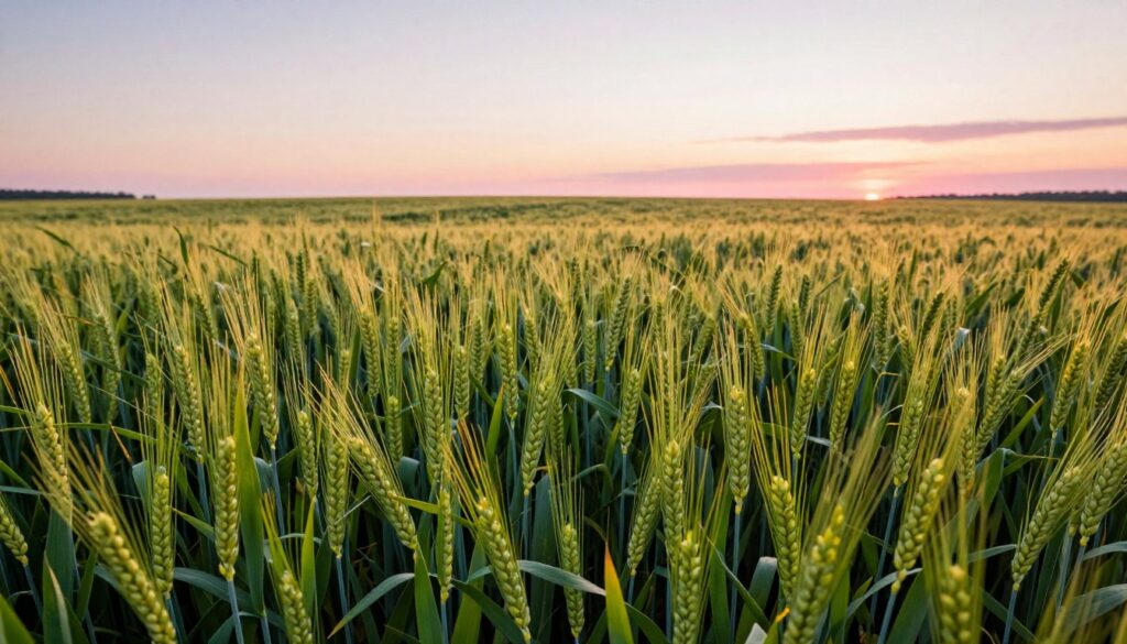 A vibrant field of winter wheat (ozime) in the foreground, showcasing healthy, lush green stalks swaying gently in the breeze. In the middle ground, a diverse array of grain plants, including barley and rye, transitions into a golden landscape as it stretches towards the horizon. The background features a softly lit sky at dawn, with pastel hues of pink and orange indicating a new day, creating an inviting atmosphere. Sunlight filters through the grains, casting gentle shadows, emphasizing the texture of the leaves. The angle is slightly elevated, providing a panoramic view that captures the beauty and abundance of the crops during their growth cycle. The overall mood is serene and hopeful, reflecting the importance of seasonal cultivation in agriculture.
