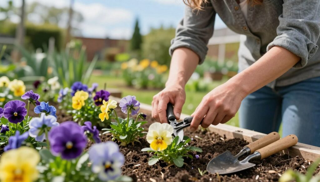 A vibrant garden scene focused on the delicate care of pansy flowers, showcasing a gardener in modest casual clothing gently pruning the plants. In the foreground, colorful pansies in shades of purple, yellow, and blue bloom, their petals glistening in the soft sunlight. The middle ground features well-tended soil and a variety of gardening tools scattered around, emphasizing the meticulous care required for healthy growth. In the background, a serene garden setting with lush greenery and a clear blue sky adds depth to the scene. Soft, natural lighting casts gentle shadows, creating a warm and inviting atmosphere that reflects the nurturing spirit of garden care. The overall mood conveys tranquility and dedication to maintaining blooming flowers throughout the season. A vibrant garden scene focused on the delicate care of pansy flowers, showcasing a gardener in modest casual clothing gently pruning the plants. In the foreground, colorful pansies in shades of purple, yellow, and blue bloom, their petals glistening in the soft sunlight. The middle ground features well-tended soil and a variety of gardening tools scattered around, emphasizing the meticulous care required for healthy growth. In the background, a serene garden setting with lush greenery and a clear blue sky adds depth to the scene. Soft, natural lighting casts gentle shadows, creating a warm and inviting atmosphere that reflects the nurturing spirit of garden care. The overall mood conveys tranquility and dedication to maintaining blooming flowers throughout the season.