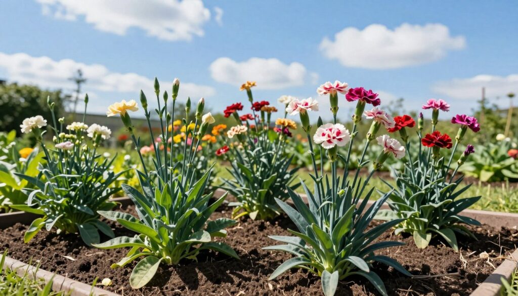 A vibrant garden scene showcasing a well-tended flower bed ideal for growing beard carnations. In the foreground, rich soil with healthy goździk brodaty plants displaying lush, green foliage and budding flowers. The middle ground features a sun-drenched area with several colorful flowering goździki, demonstrating their varied blooming stages. The background includes a clear blue sky with a few fluffy clouds, emphasizing ample sunlight, crucial for these plants. Soft sunlight casts gentle shadows, enhancing the textures of the soil and plants. The atmosphere is lively and inviting, conveying a sense of flourishing life and optimal growing conditions. The image captures the essence of an ideal gardening space, focusing on sun exposure and soil preparation aspects without any distractions.