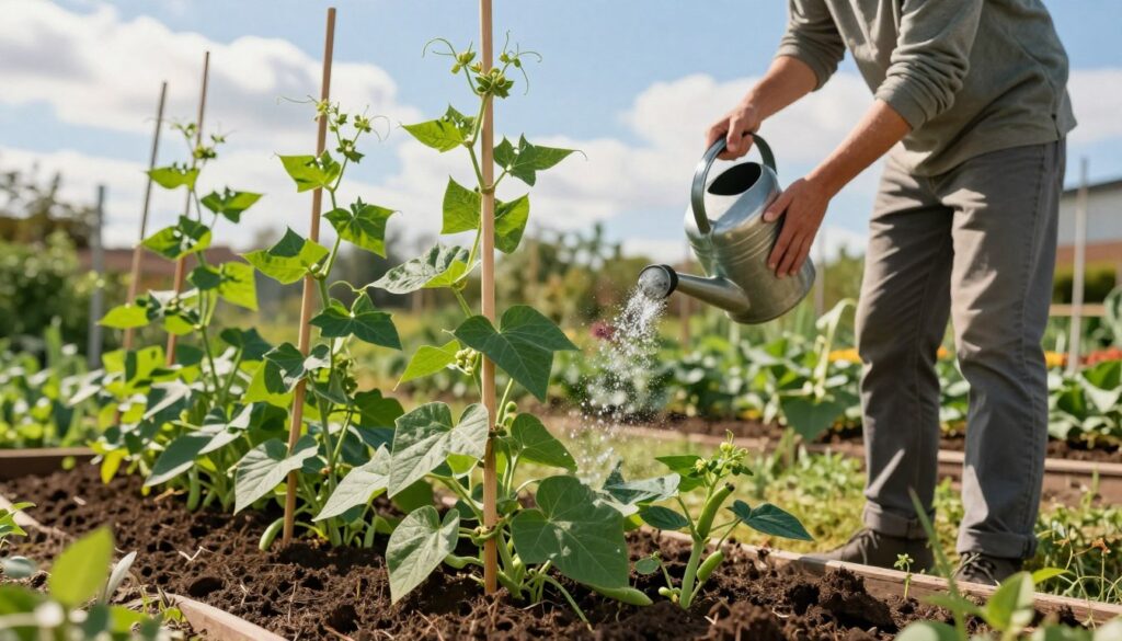 A vibrant garden scene showcasing the step-by-step cultivation of green beans (fasolka szparagowa). In the foreground, rich soil is filled with healthy green bean plants, featuring bright leaves and climbing tendrils. Support structures, such as wooden stakes or trellises, stand tall, guiding the plants upward. In the middle ground, a gardener in modest casual clothing gently waters the plants with a watering can, exhibiting care and attention to detail. The background reveals a sunny blue sky with gentle clouds and a neatly organized garden layout, enhancing the feeling of growth and productivity. The lighting is warm and inviting, creating an atmosphere of a fresh, productive growing season, ideal for the cultivation of green beans.