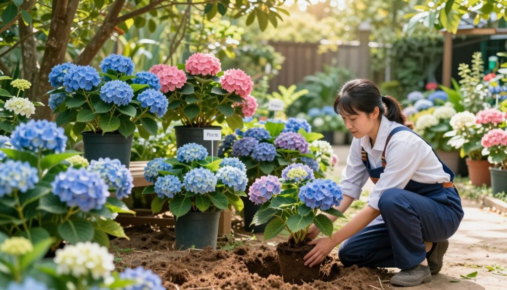 A vibrant garden scene showcasing various hydrangea varieties, focusing on their lush blooms in different colors: blue, pink, and white. In the foreground, a gardener in professional attire kneels beside a freshly dug planting hole, gently holding a healthy hydrangea plant, ensuring proper depth for planting. The middle layer features several pots of different hydrangea varieties, all uniquely displayed with tags indicating their names. The background displays a picturesque garden with sunlight filtering through leafy trees, casting a warm, inviting glow on the scene. Soft shadows add depth, creating a serene and tranquil atmosphere that highlights the beauty and diversity of hydrangeas in a harmonious setting.