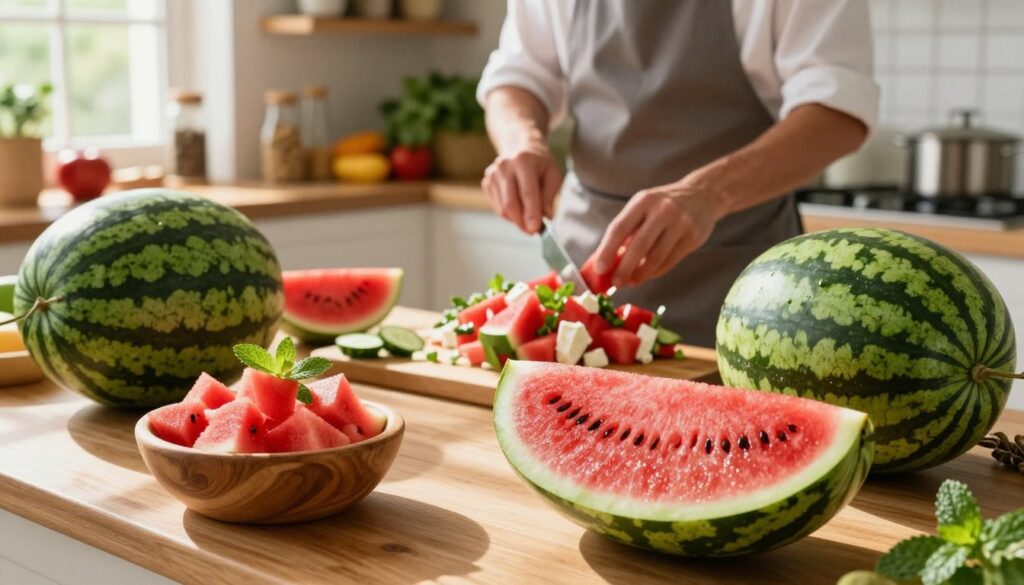 A vibrant kitchen scene showcasing an array of fresh, juicy watermelons (arbuzy) artfully arranged on a wooden countertop. In the foreground, a sliced watermelon reveals its bright red flesh studded with seeds, glistening under soft, natural light. A rustic wooden bowl filled with watermelon cubes and mint leaves sits nearby. The middle ground includes a chef in modest casual attire, skillfully preparing a refreshing watermelon salad, surrounded by colorful ingredients like cucumber, feta cheese, and herbs. The background features shelves lined with spices and fresh produce, creating a warm, inviting atmosphere that embodies the essence of summer cooking. The sunlight streams in through a window, casting gentle shadows and enhancing the freshness of the scene.