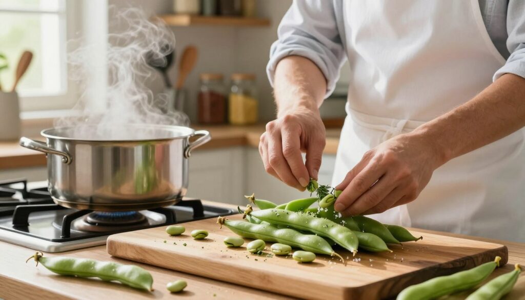 A vibrant kitchen scene showcasing the preparation of broad beans (bób). In the foreground, a wooden cutting board holds freshly shelled broad beans, bright green and glistening. A pot of boiling water sits on the stove, steam rising softly into the air, creating a warm and inviting atmosphere. A chef, dressed in a modest white apron and light casual clothing, is in the process of seasoning the beans with salt and herbs, reflecting a sense of expertise and care. In the background, shelves lined with jars of spices and cooking utensils add to the homey feel, while natural light streams in from a nearby window, illuminating the scene. The overall mood is one of culinary delight and the joys of preparing seasonal ingredients.