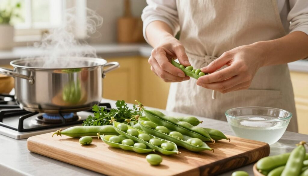 A vibrant kitchen scene showcasing the preparation of young broad beans ("bób"). In the foreground, a wooden cutting board displays fresh, green pods, some partially opened, revealing glossy beans inside. A stainless steel pot sits on a stovetop, steam gently rising, indicating it’s been freshly boiled. In the middle ground, a person dressed in a light, modest apron is peeling the pods, expertly removing the beans while smiling. Fresh herbs and a bowl of lightly salted water are nearby, ready to enhance flavor. The background features warm, inviting kitchen cabinets and soft, natural light streaming through a window, creating a cheerful atmosphere. The overall mood is cozy and homey, reflecting a passion for cooking.