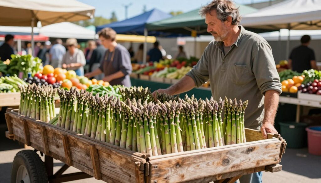 A vibrant market scene showcasing fresh asparagus for sale during the peak season. In the foreground, a farmer in modest, casual clothing stands proudly next to a rustic wooden cart filled with bundles of green asparagus, their tips glistening in the sunlight. The middle ground features a lively marketplace filled with colorful fruits and vegetables, with customers browsing the stalls. In the background, a sunny blue sky enhances the cheerful atmosphere, hinting at a warm spring day. Soft, natural lighting illuminates the scene, casting gentle shadows and highlighting the textures of the fresh produce. The overall mood is lively and inviting, capturing the essence of seasonal shopping for asparagus at its best.