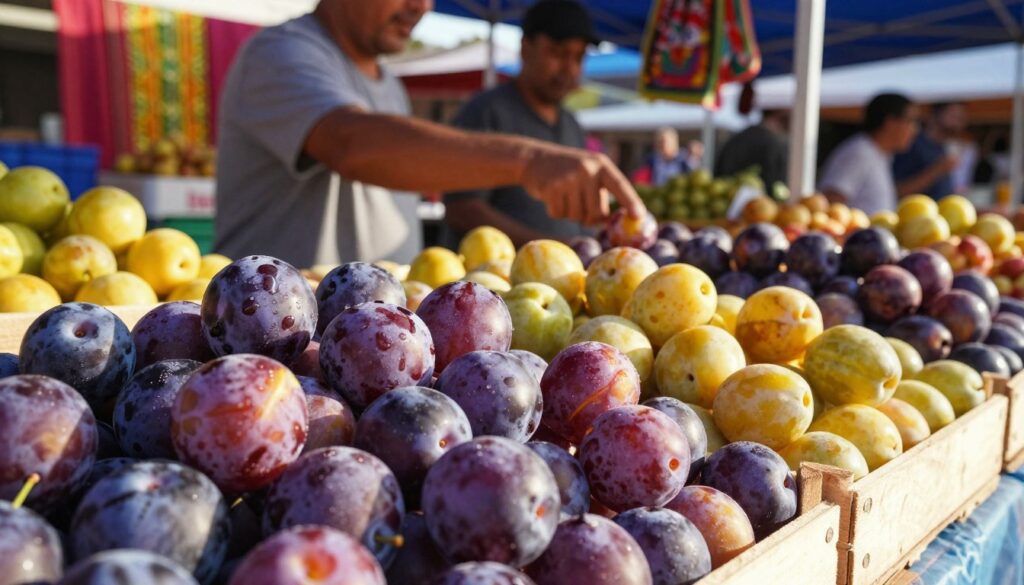 A vibrant marketplace scene focused on ripe plums, highlighting their colorful skins in shades of purple, blue, and yellow. In the foreground, a wooden crate overflowing with fresh plums, showcasing the shiny, smooth texture of the skins, glistening under warm natural sunlight. In the middle, a vendor in modest casual clothing enthusiastically engages with customers, pointing out the quality of the fruit. The background features colorful market stalls draped with vibrant fabrics and hanging decorations, enhancing the lively atmosphere. Soft afternoon light casts gentle shadows, creating a warm and inviting mood. The composition emphasizes the freshness and appeal of the plums, making them the focal point without any distractions or overlays.