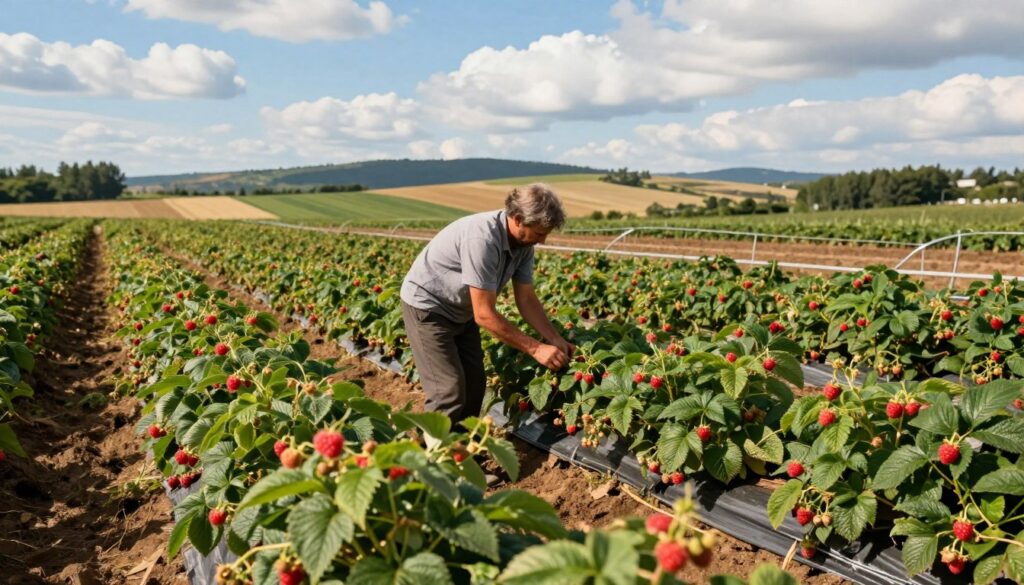 A vibrant raspberry farm in the foreground, featuring lush green rows of raspberry bushes laden with ripe, red berries. A skilled farmer in modest, casual clothing tends to the plants, illustrating the care involved in cultivation. In the middle ground, the varying conditions of the farm are evident, with rich, dark soil and water irrigation systems highlighting agricultural practices. The background showcases rolling hills under a bright blue sky with fluffy white clouds, conveying a sunny atmosphere that encourages growth. Soft, warm lighting enhances the colors and textures of the scene. The overall mood is one of productivity and harmony with nature, emphasizing the importance of cultivation conditions in the raspberry-growing season.