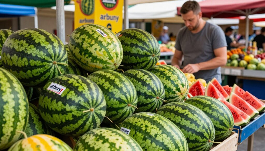 A vibrant scene showcasing ripe watermelons, also known as "arbuzy," arranged artfully in a Polish market stall. In the foreground, a variety of watermelons are displayed, including some imported ones, with visible labels highlighting their origin. The middle ground features a shopper inspecting the watermelons, wearing modest casual clothing, focused on selecting the freshest fruit. In the background, the busy atmosphere of a Polish market is captured with bright banners and other seasonal produce, creating a lively ambiance. Soft, natural lighting illuminates the scene, highlighting the watermelons' deep green rinds and juicy red flesh. A slightly elevated angle captures the vibrant colors and bustling market life, evoking the excitement of watermelon season.