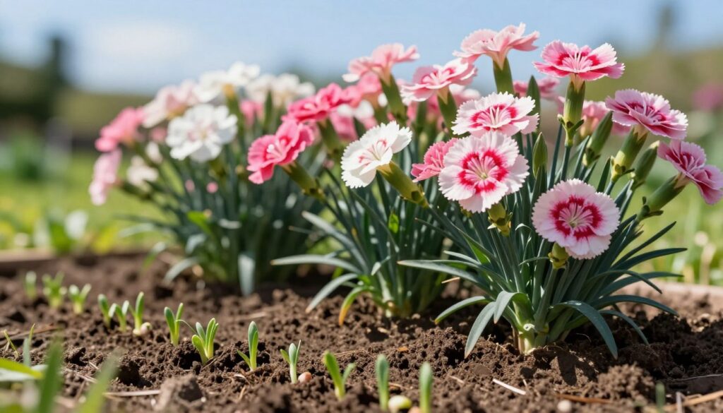 A vibrant spring garden scene featuring a close-up view of blooming "goździk brodaty" (bearded carnation) plants, showcasing their delicate pink and white flowers. In the foreground, clusters of freshly germinated seeds with tiny green sprouts are visible, nestled in rich brown soil. In the middle ground, the lush, bushy foliage of mature carnation plants creates a colorful display, with hints of sunlight filtering through the leaves, casting soft light and gentle shadows. The background reveals a serene garden setting with soft-focus green grass and a clear blue sky. The overall mood is fresh and inviting, symbolizing growth and renewal, perfect for illustrating seed sowing timings in spring and summer. Aim for a soft, natural finish with an emphasis on texture and color contrast.