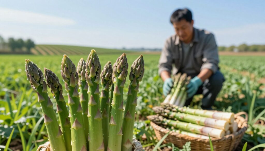 A vibrant spring scene of freshly harvested asparagus in a lush green field. In the foreground, focus on a cluster of vibrant green asparagus spears with dew drops glistening in the sunlight. In the middle ground, depict a farmer in modest casual clothing, carefully inspecting a basket filled with freshly cut asparagus, embodying the labor of the harvest. The background features a rolling landscape with distant rows of asparagus plants under a clear blue sky, capturing the essence of the harvesting season. Soft, warm sunlight illuminates the scene, enhancing the fresh and seasonal atmosphere. The overall mood is one of abundance and connection to nature, conveying the importance of timing in asparagus harvesting.