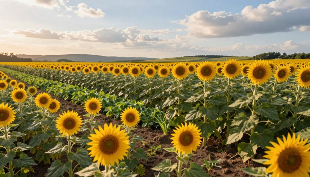 A vibrant sunflower field depicted in a vast landscape during golden hour, where sunlight casts a warm glow over the blossoms. In the foreground, varied sunflower varieties are arranged according to their spacing; short, compact dwarf sunflowers are grouped closely, while tall varieties stand more apart, showcasing their height differences. The middle ground features a well-tended, lush green garden bed with rich soil visible between the plants, emphasizing the importance of spacing in cultivation. In the background, a soft-focus horizon of rolling hills fades into a blue sky dotted with fluffy clouds, creating a serene and agricultural atmosphere. The overall mood is cheerful and inviting, with natural light enhancing the vivid yellows and greens of the sunflowers, while capturing the delicate balance of space needed for healthy growth.