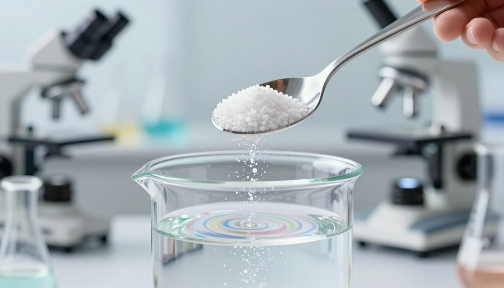 A visually engaging scientific illustration depicting the concept of solubility, specifically focusing on azofoska (a type of fertilizer). In the foreground, a clear glass beaker filled with water is shown, with a spoonful of azofoska granules hovering just above the surface, in the process of being dissolved. In the middle ground, a subtle swirl of color in the water begins to form, indicating the dissolution of the substance. The background features a laboratory setting with soft, diffused lighting, showcasing equipment such as a microscope and flasks. The atmosphere is calm and academic, suggesting a thorough scientific investigation. The image should be captured from a slightly elevated angle to emphasize the interaction between the azofoska and water, with a focus on clarity and detail.