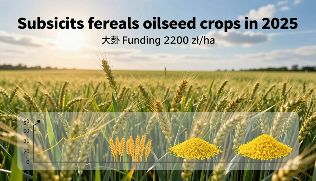 A visually striking infographic depicting the subsidies for cereals and oilseed crops in 2025, highlighting a maximum funding of 2200 zł/ha. The foreground features a clear, informative chart or graph showing subsidy rates, with icons representing wheat and rapeseed. In the middle ground, a lush green field of wheat sways gently under the sun, symbolizing abundant agricultural production. Soft, golden lighting casts warmth across the landscape, enhancing the vibrant green and golden hues of the crops. The background includes a clear blue sky with scattered clouds, evoking a sense of optimism and growth. The atmosphere should be positive and professional, suitable for a detailed agricultural analysis. No text or watermarks included.