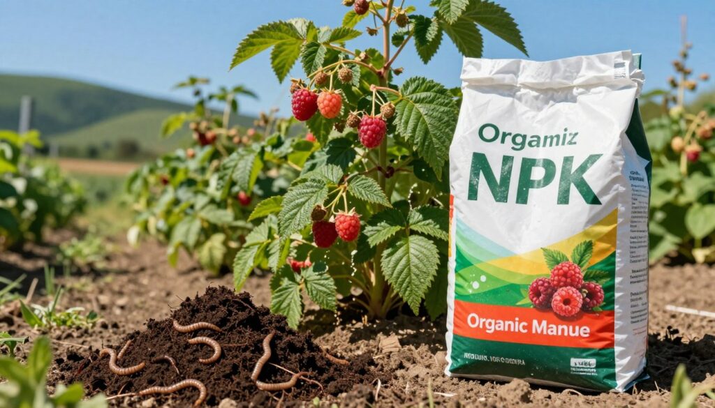 A vivid comparison of NPK fertilizer and organic manure (obornik) displayed side by side in a lush garden setting. In the foreground, a small pile of dark, rich compost with visible earthworms, emphasizing its organic nature, and a neatly arranged bag of NPK fertilizer with vibrant packaging. In the middle, a flourishing raspberry bush displaying ripe fruit, highlighting the effects of each fertilizer on plant health. The background features a clear blue sky and rolling green hills under bright, natural daylight, casting gentle shadows. The overall mood is informative and nurturing, showcasing sustainable gardening practices. The angle captures both fertilizer types in detail while focusing on their application’s impact on raspberry growth, creating an engaging visual narrative.