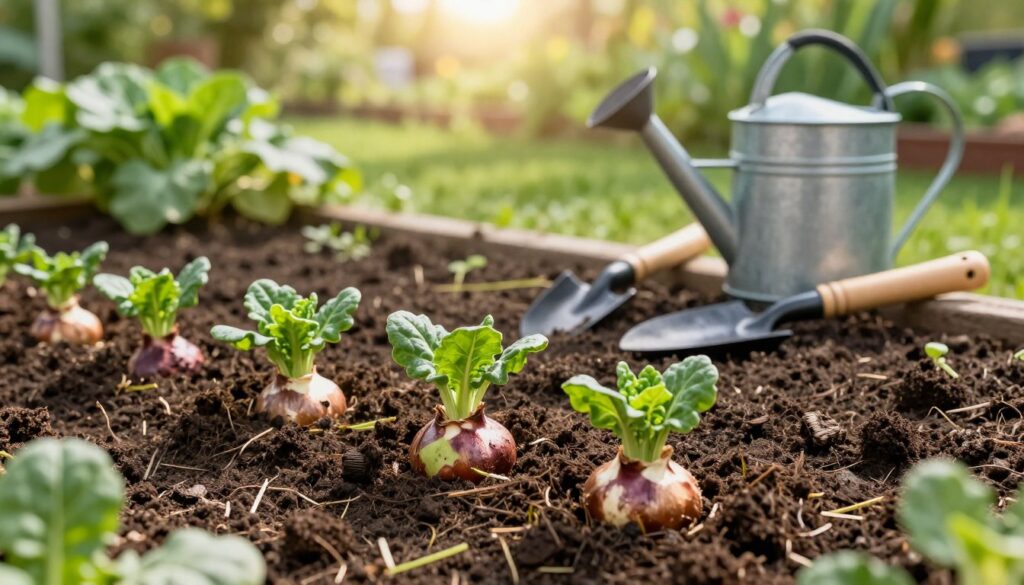 A well-prepared garden bed for growing frezje, showcasing rich, nutrient-dense soil ready for planting. In the foreground, vibrant frezje bulbs nestled in the earth, surrounded by dark brown soil, fresh compost, and small, healthy green leaves peeking through. The middle ground features a variety of essential gardening tools like a trowel and watering can, placed carefully to suggest readiness for planting. The background includes lush green foliage and soft sunlight filtering through a gentle canopy of trees, creating a serene garden atmosphere. The image captures a warm, inviting mood, emphasizing the beauty of nature and the potential for vibrant blooms. The lighting is bright and natural, suggesting a sunny afternoon, highlighting the colors of the soil and plants.