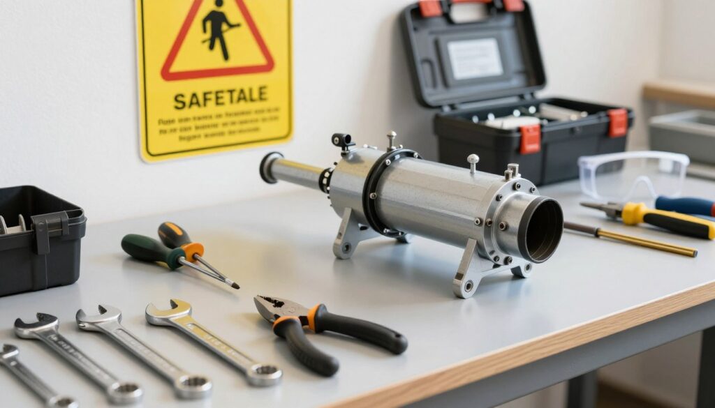 A workshop scene illustrating the preparation for disassembling a fertilizer spreader. In the foreground, a clean, organized workbench is equipped with various tools like wrenches, screwdrivers, and pliers, arranged neatly. A partially disassembled fertilizer spreader is positioned on the table, showcasing its detailed mechanical components. In the middle background, a bright safety sign emphasizes workplace safety, while a toolbox and safety goggles are visible to highlight safety measures. The atmosphere is bright and focused, with soft, natural lighting emphasizing the tools and equipment. Shot from a slightly elevated angle to encompass the full work area while ensuring clarity and detail in the foreground. The image conveys a sense of professionalism and readiness for a meticulous work process.
