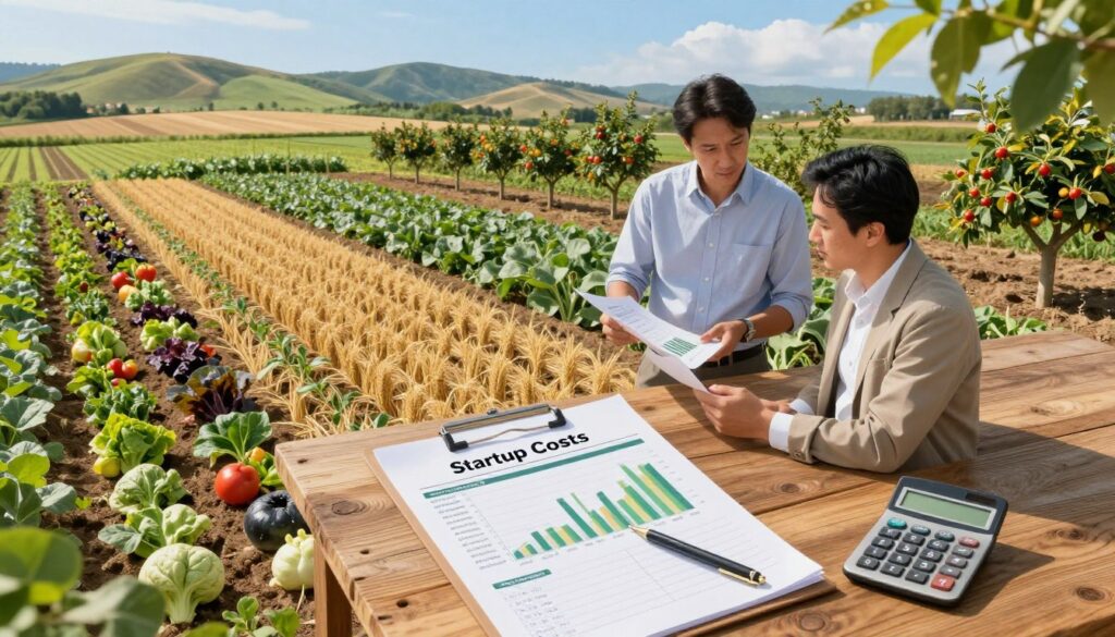 Aerial view of a one-hectare agricultural field divided into sections showcasing various crops, such as vibrant vegetables, grains, and fruit trees, symbolizing startup costs in farming. In the foreground, a detailed ledger and a calculator, representing financial calculations, are placed on a rustic wooden table. The middle ground features a farmer in professional attire examining crop yield charts and discussing with an agronomist, both engaged in strategic planning. The background includes rolling hills and a bright blue sky, creating a hopeful and positive farming atmosphere. Soft, natural lighting emphasizes the colors of the crops and the seriousness of their discussion, while a gentle breeze ruffles the leaves, adding life to the scene. Aerial view of a one-hectare agricultural field divided into sections showcasing various crops, such as vibrant vegetables, grains, and fruit trees, symbolizing startup costs in farming. In the foreground, a detailed ledger and a calculator, representing financial calculations, are placed on a rustic wooden table. The middle ground features a farmer in professional attire examining crop yield charts and discussing with an agronomist, both engaged in strategic planning. The background includes rolling hills and a bright blue sky, creating a hopeful and positive farming atmosphere. Soft, natural lighting emphasizes the colors of the crops and the seriousness of their discussion, while a gentle breeze ruffles the leaves, adding life to the scene.