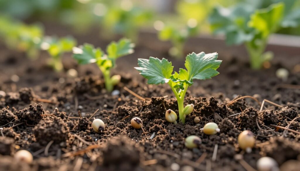 Close-up of freshly sown celery seeds in nutrient-rich soil, highlighting their unique, small, and rounded shapes. The foreground features these seeds nestled into the ground, with delicate soil texture visible. In the middle, young celery seedlings are emerging, showcasing lush green leaves that signify healthy growth, surrounded by fine soil particles. The background presents a softly blurred garden setting, with hints of sunlight filtering through the foliage, creating dappled light effects on the soil surface. The scene conveys a sense of tranquility and growth, evoking feelings of anticipation for the gardening process. The lighting is warm and inviting, captured from a slightly elevated angle to emphasize the depth of the soil and the seedlings.