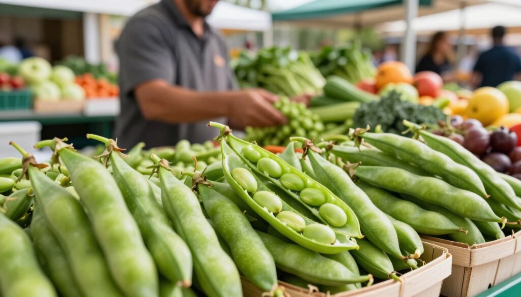 Fresh fava beans displayed at a vibrant outdoor market, with a focus on their distinct pod shape and vivid green color. In the foreground, baskets overflowing with plump, bright green fava bean pods, some split open to reveal the soft, creamy beans inside. The middle ground features a friendly vendor in modest casual clothing, engaging with customers, showcasing fresh produce. The background shows colorful market stalls filled with a variety of fresh vegetables and fruits, enhancing the lively atmosphere. Soft, natural sunlight filters through, casting warm, inviting light on the scene. The overall mood is fresh, cheerful, and inviting, encouraging a sense of community and the joy of local food culture.