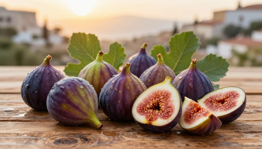 Fresh figs arranged artfully on a rustic wooden table, showcasing their rich purple and green hues, glistening with droplets of water to emphasize their freshness. The middle ground features delicate fig leaves and perhaps a few sliced figs to highlight their texture and juicy interior. In the background, there’s a blurred Mediterranean landscape with a warm golden sunlight, casting a soft glow that enhances the inviting atmosphere. The image is taken from a slightly elevated angle to capture the entire arrangement beautifully, emphasizing depth. The overall mood is warm, inviting, and vibrant, ideal for celebrating the season of figs. The lighting should be natural and soft, creating a fresh and appetizing appearance.
