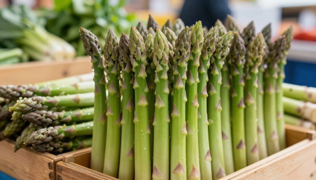 Fresh green asparagus spears stand tall against a rustic wooden market stall, emphasizing their vibrant color and crisp texture. The foreground captures a close-up of the asparagus, showcasing the dew glistening on their tips, while the middle ground features a basket overflowing with these seasonal vegetables. In the background, blurred market activity hints at a bustling atmosphere, with soft natural light filtering through, creating a warm and inviting mood. The focus highlights the freshness of the asparagus, promoting their quality and appeal, and encourages viewers to appreciate their ideal condition at the market. The overall composition radiates a sense of health and vitality.