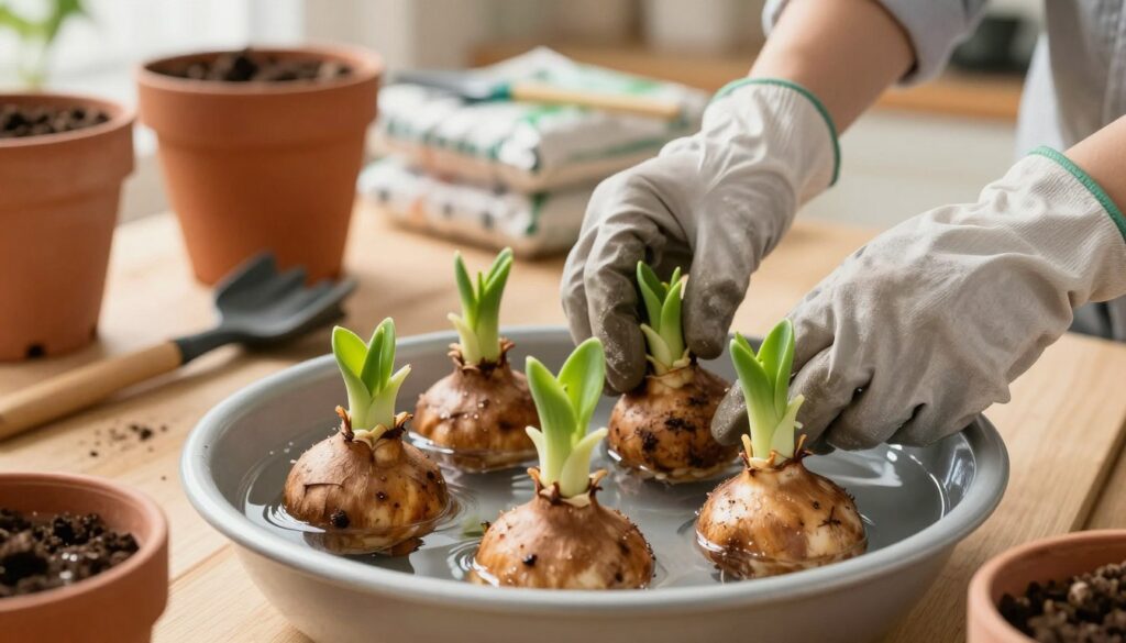 In a well-lit indoor gardening space, focus on a close-up of sweet potato slips emerging from bulbs placed in a shallow dish of water. The foreground highlights vibrant green shoots sprouting from the brownish, knobby sweet potato tubers, with water gently glistening under warm, natural light. In the middle ground, a gardener's hands (in modest gardening gloves) gently position the bulbs, showcasing the nurturing process. Background elements include pots, soil bags, and gardening tools neatly arranged, enhancing the scene's depth. A soft focus on the background emphasizes the central action, creating a warm and inviting atmosphere that conveys growth and preparation for planting.